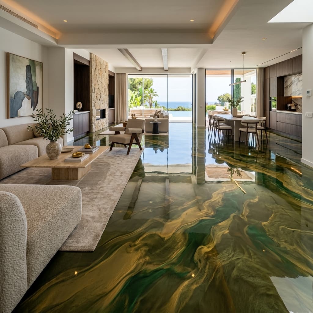 Glossy metallic resin floor