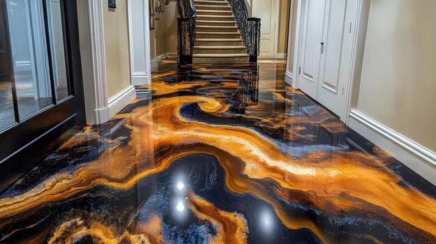 High-gloss black and copper metallic epoxy floor in an entrance hallway leading to a staircase